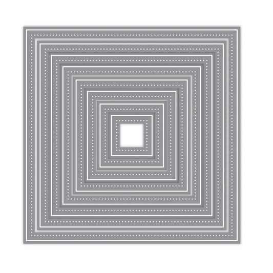 Nestedsquare wafer thin metal die-cuts with concentric square borders, featuring solid, dotted, and dashed line patterns, shown on a plain white background.