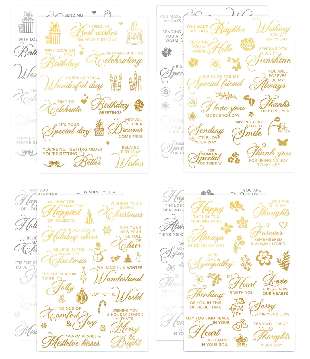 gold and silver foil sentiment rub ons on a white background