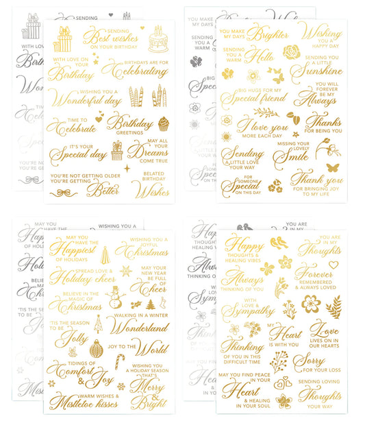 gold and silver foil sentiment rub ons on a white background