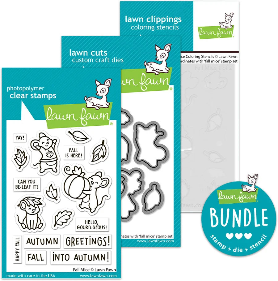 Three Lawn Fawn craft stamp and die sets arranged overlapping on a white background, including photopolymer clear stamps, lawn clippings coloring stencils, and lawn cuts custom craft dies, with a circular badge reading BUNDLE.