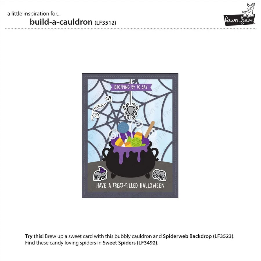 A craft inspiration card from Brown Bag Studio showing a Halloween cauldron design with spiderweb backdrop, candy, spider, and text reading 'Drop something to say' and 'HAVE A TREAT-FILLED HALLOWEEN'.