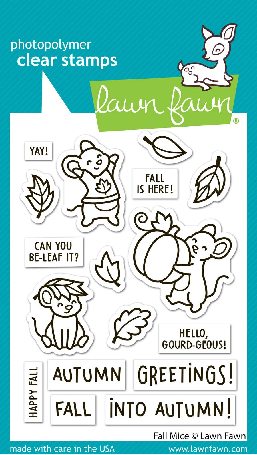 Lawn Fawn photopolymer clear stamps featuring fall-themed cartoon mice, leaves, acorns, and autumn greeting text on a white sheet with branding at the top.