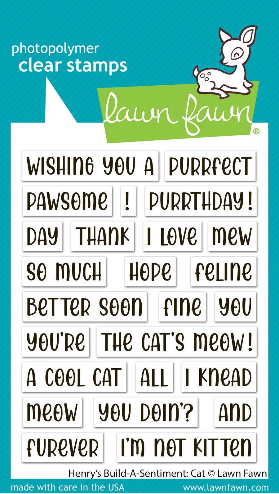 Lawn Fawn photopolymer clear stamps featuring 24 cat-themed phrases on a white sheet, shown against a teal and green Lawn Fawn branded background.