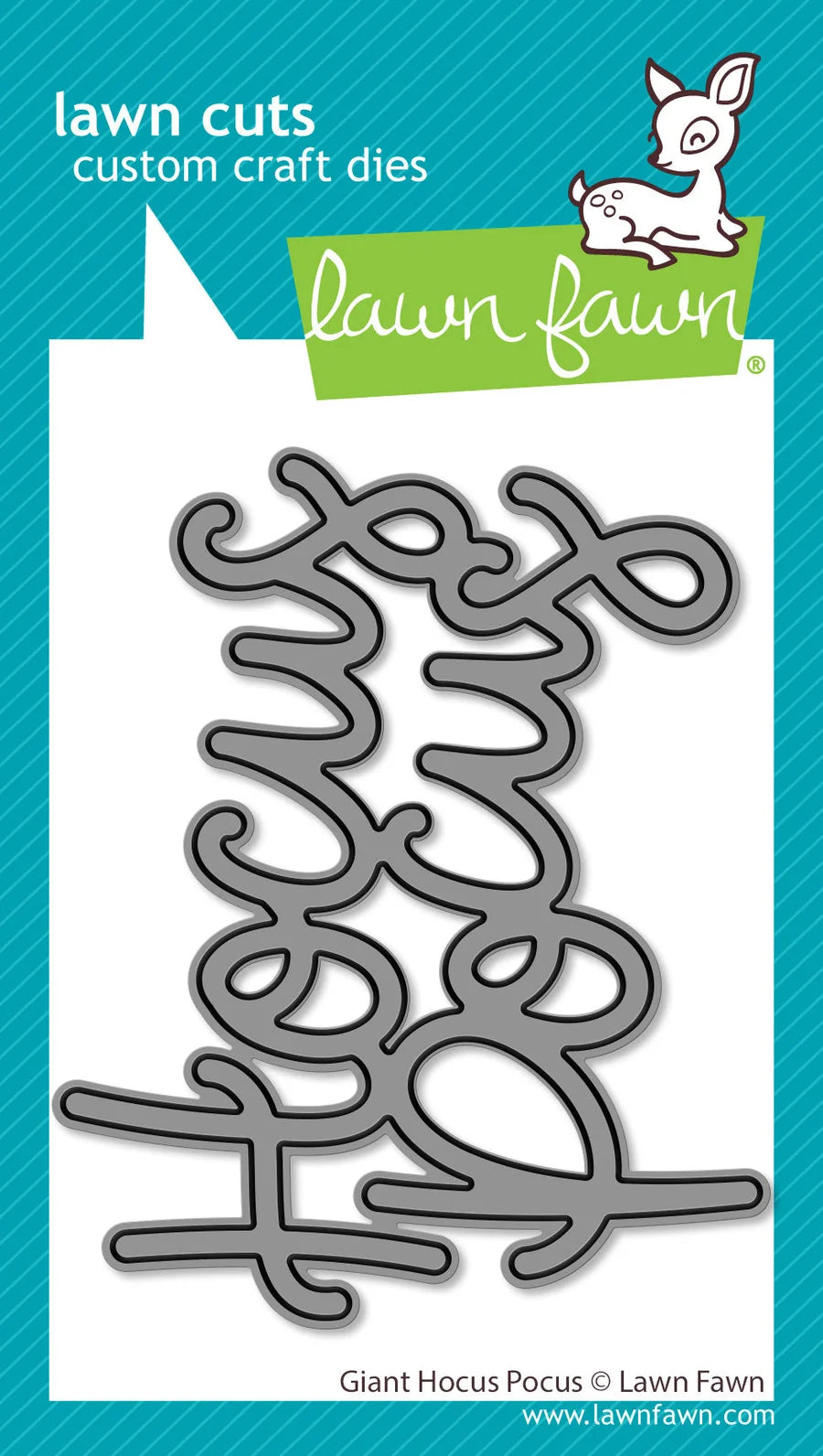 Lawn Cuts custom craft dies with 'Giant Hocus Pocus' design on a blue and white background, featuring the Lawn Fawn logo.