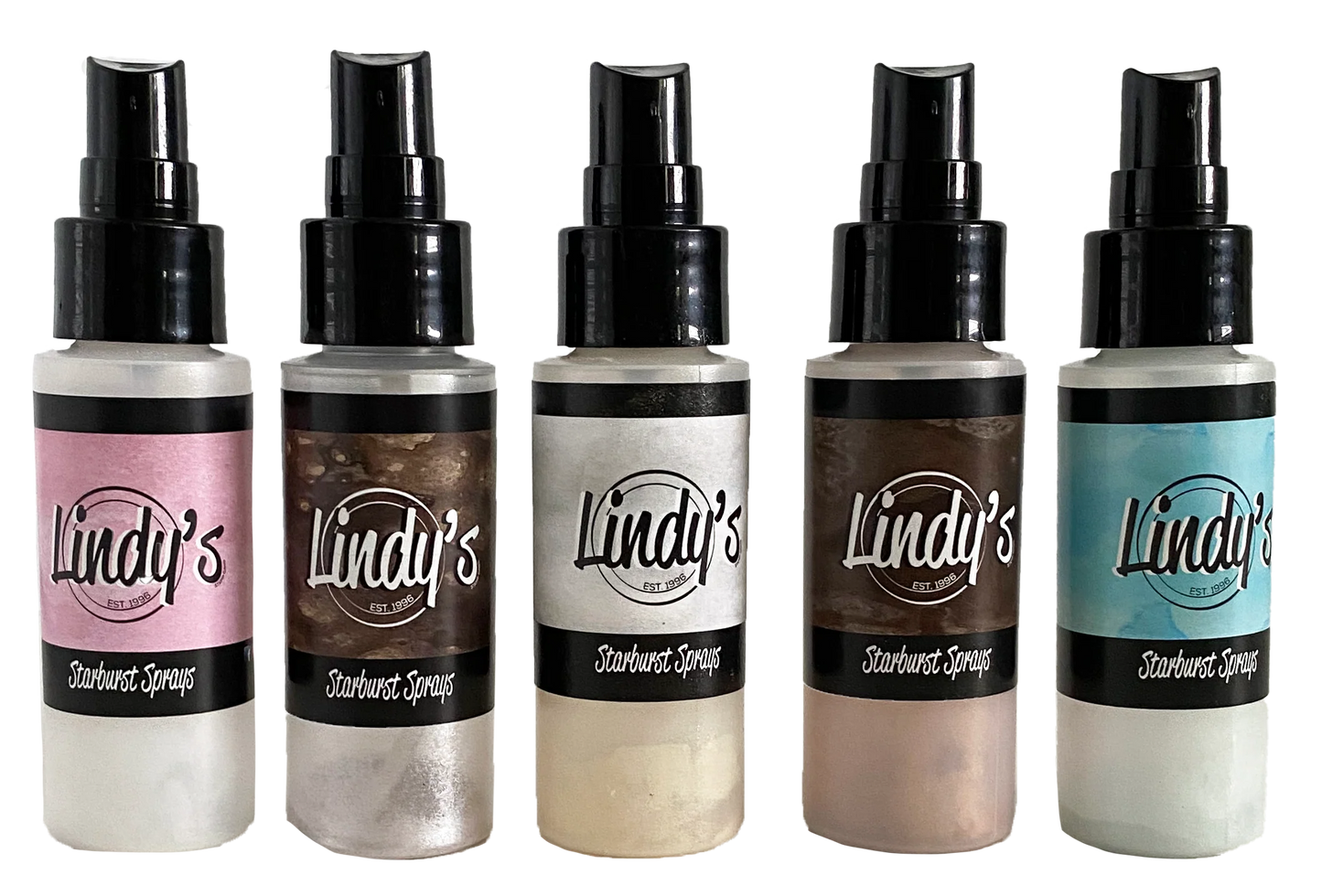 Five bottles of Lindy's Starburst Sprays on a white background