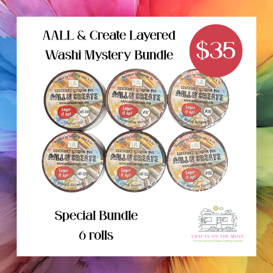 Promotional image of AALL & Create Layered Washi Mystery Bundle with colorful background