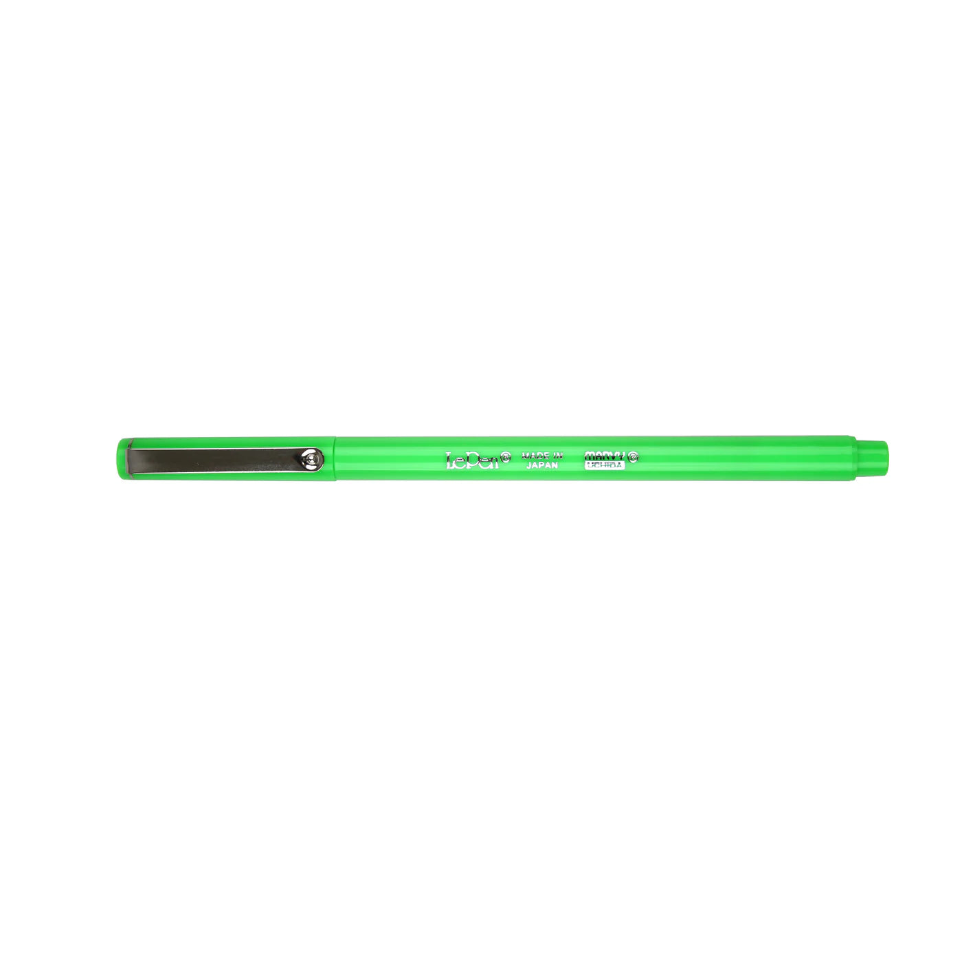 Pen shown with cap on, Marvy Uchida LePen in fluorescent green