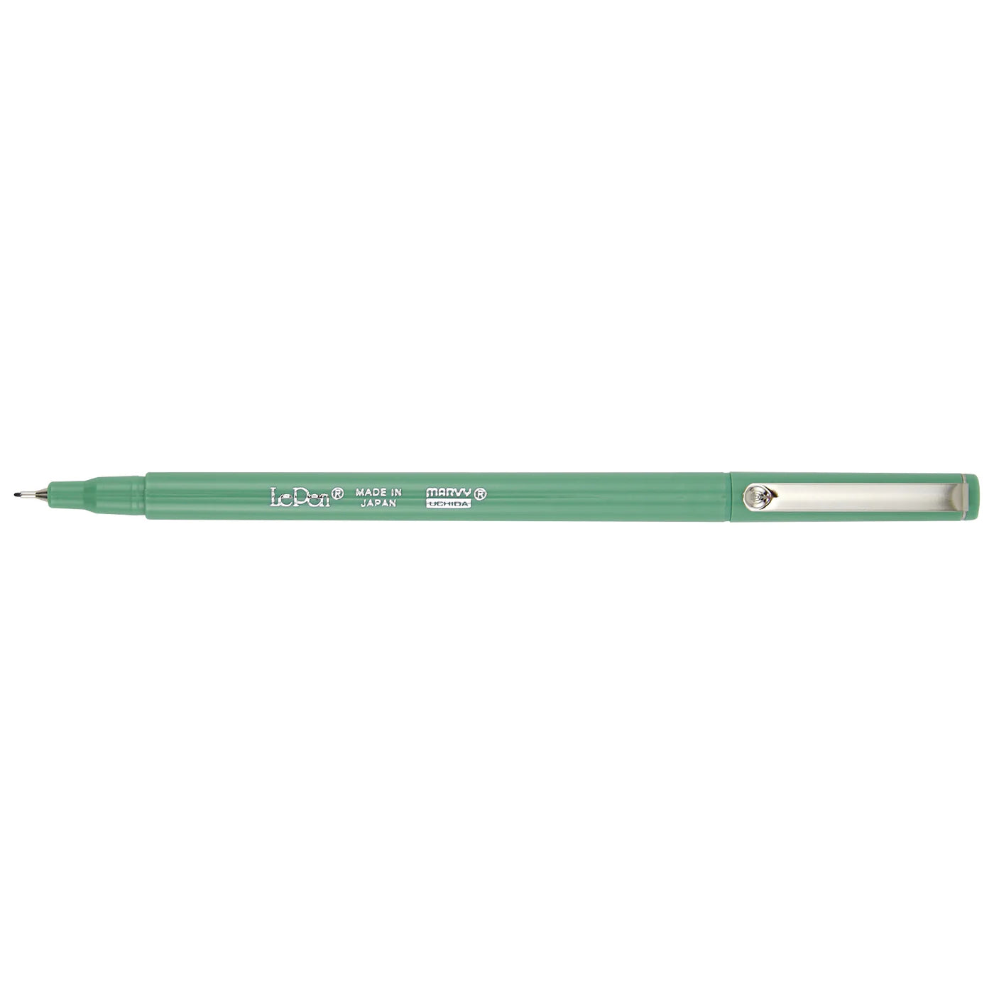 Pen shown with cap on, Marvy Uchida LePen in jade green