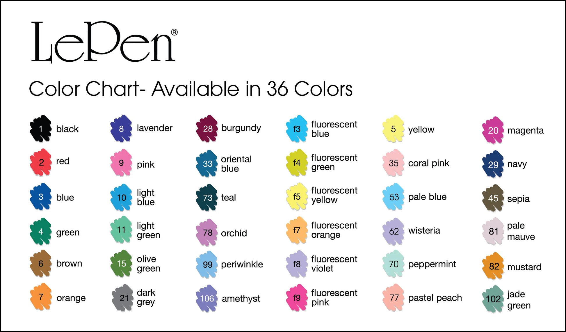 Lepen color chart of 36 colors with color swacth of each pen color