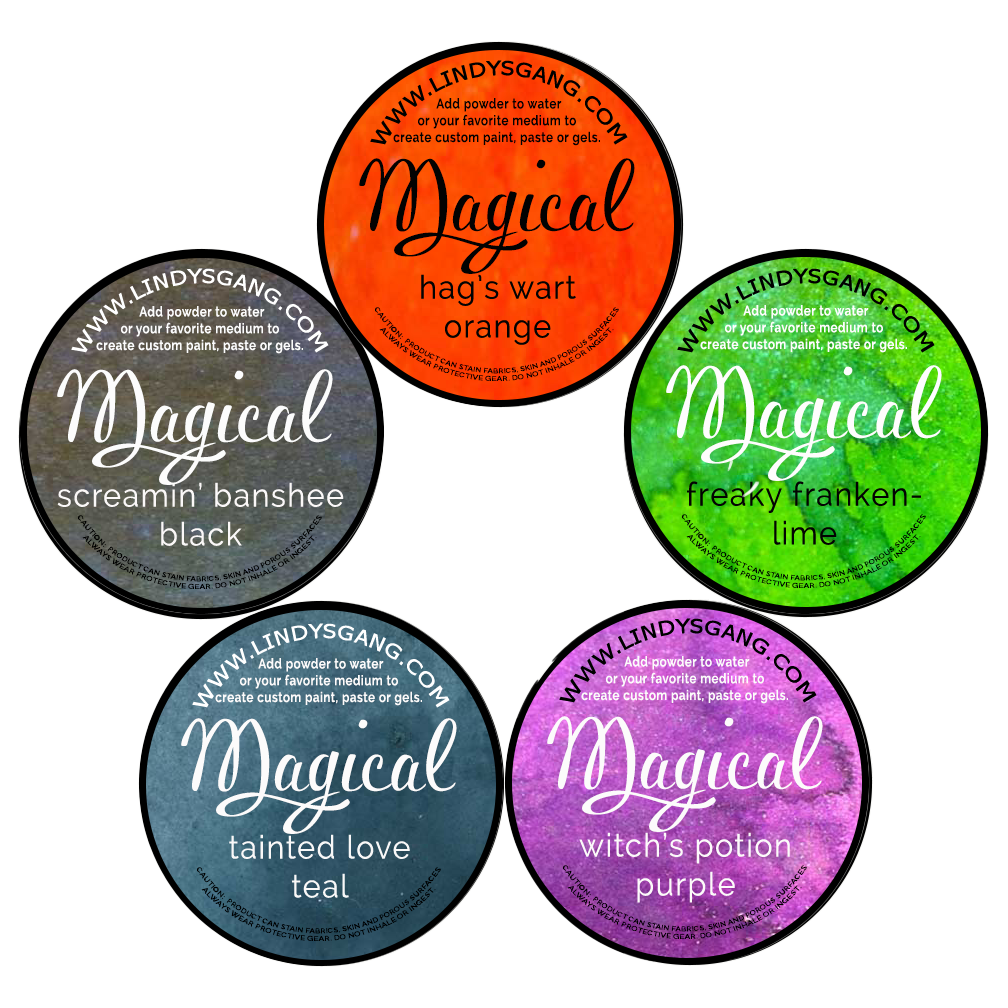Five round containers of Lindy's Magical color powder in various colors with labels.