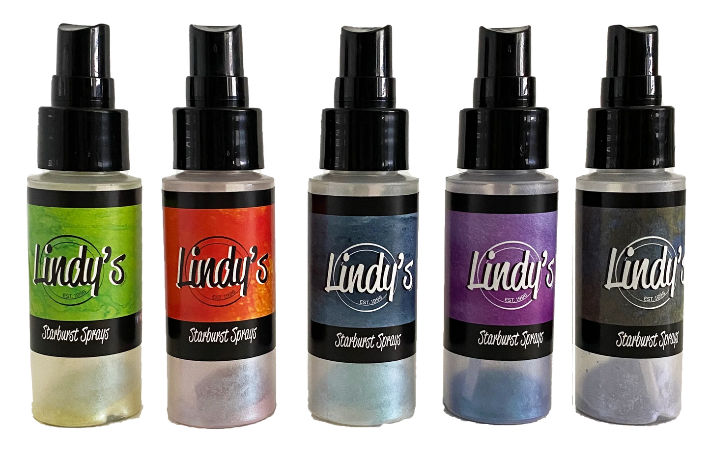 Set of five Lindy's halloween 
Starburst Sprays with colorful labels on a white background
