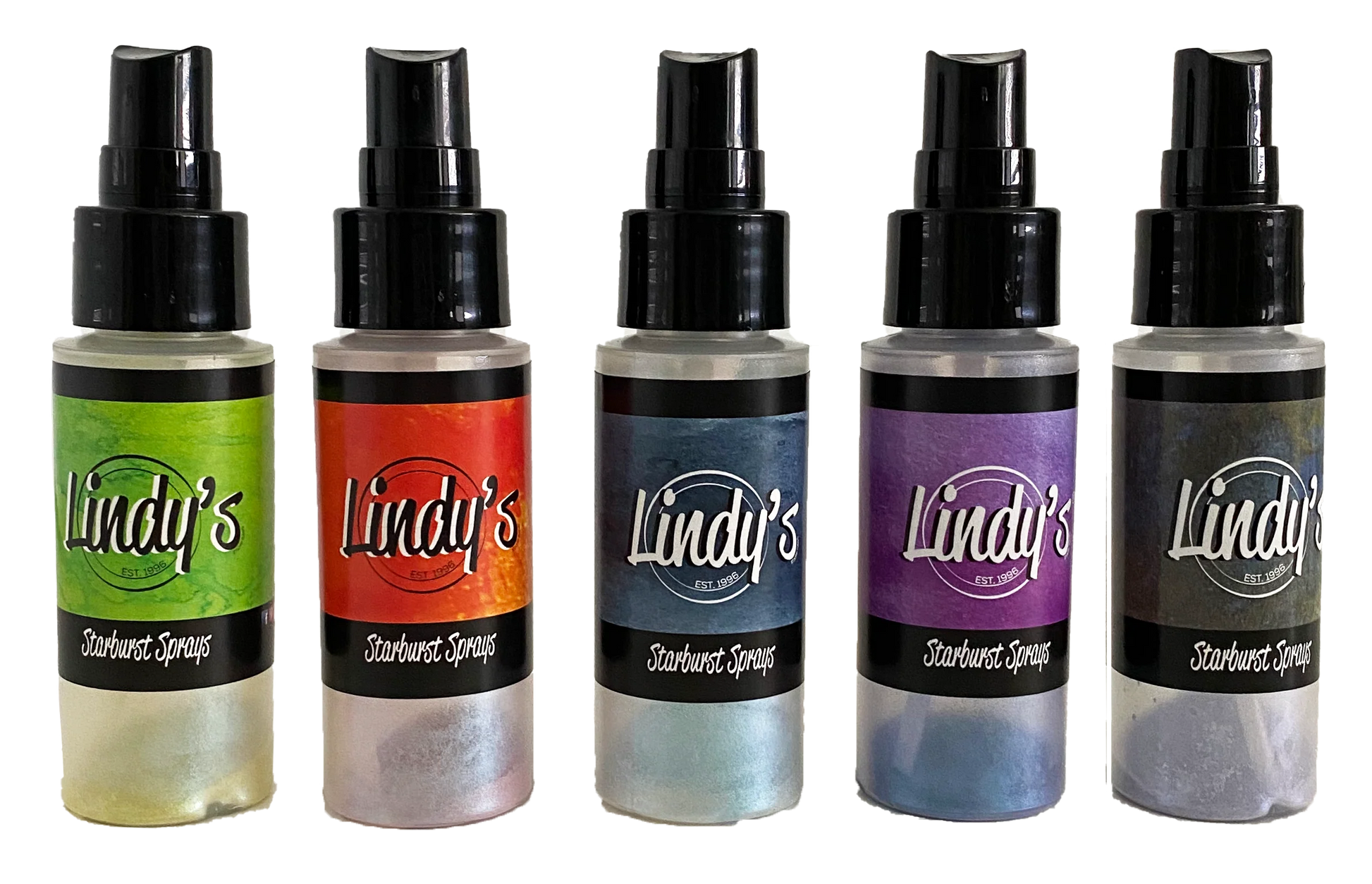 Set of five Lindy's halloween 
Starburst Sprays with colorful labels on a white background