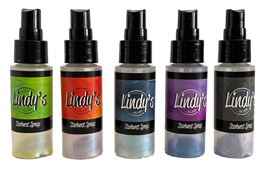 Set of five Lindy's halloween 
Starburst Sprays with colorful labels on a white background
