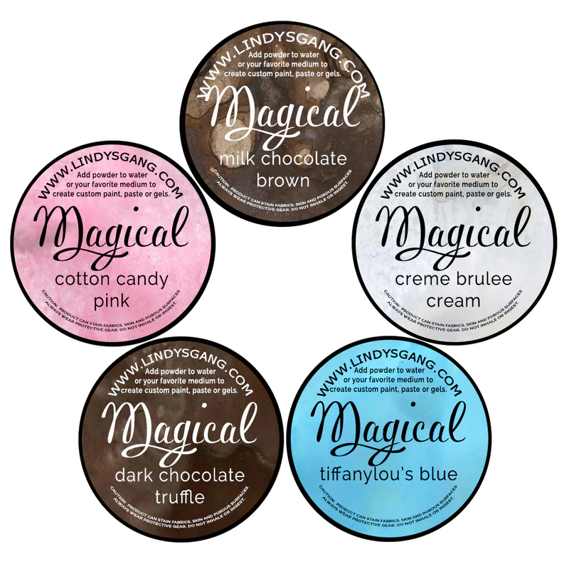 Five round containers with sweet treat collection of colorful labels and text on a white background