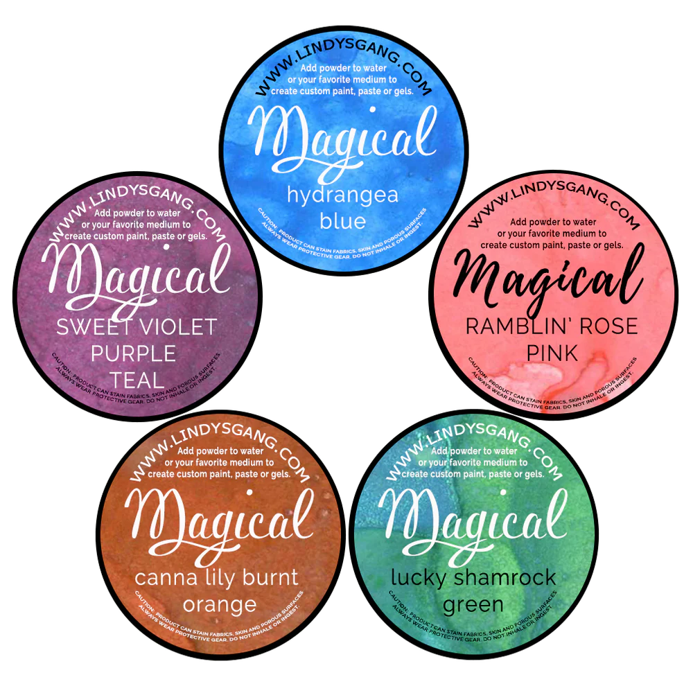 Five round product containers with colorful labels and text on a white background