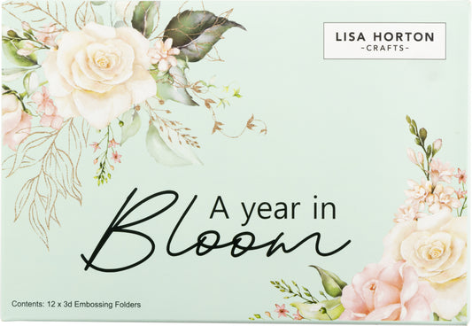 Product packaging for 'A Year in Bloom' by Lisa Horton Crafts with floral designs on a light green background.