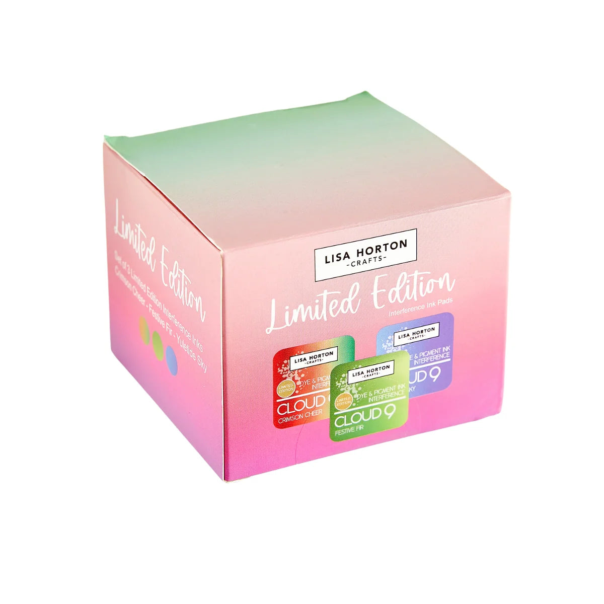 A pink and mint green gradient ink pad box for Lisa Horton Crafts 'Limited Edition' cloud nine interference ink pads, shown on a clean white background.