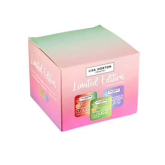 A pink and mint green gradient ink pad box for Lisa Horton Crafts 'Limited Edition' cloud nine interference ink pads, shown on a clean white background.