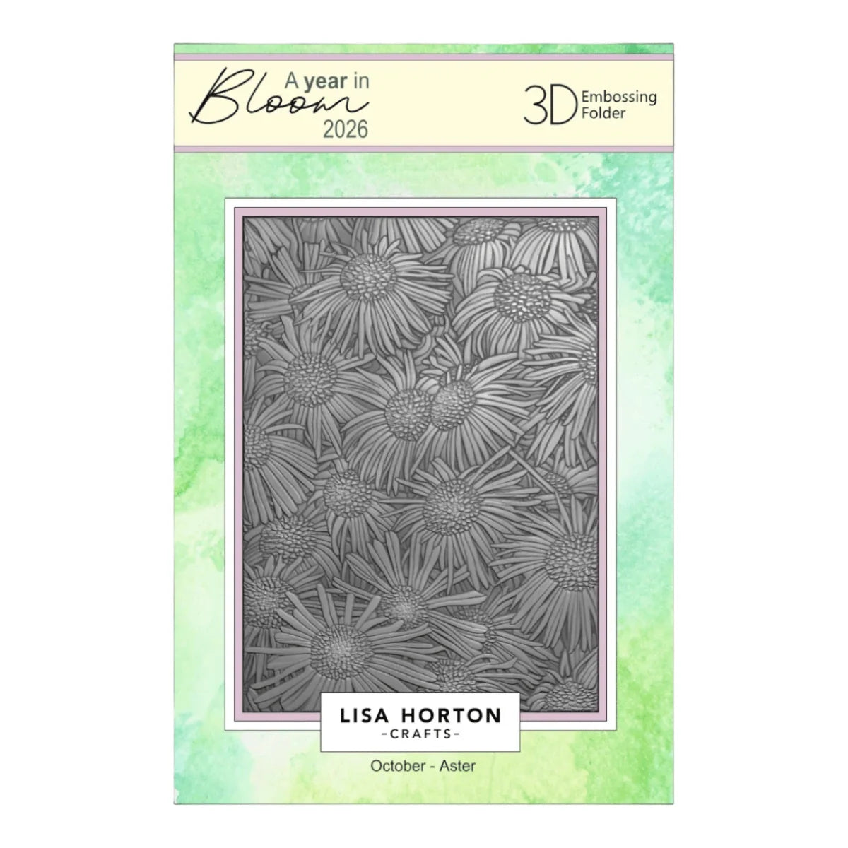Lisa Horton Crafts 'A year in Bloom 2026' 3D Embossing Folder featuring an illustrated pattern of gray daisy-like flowers on a mint green watercolor background.