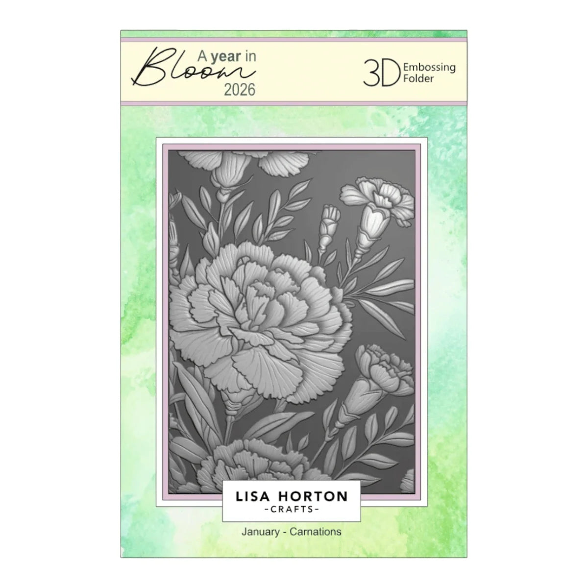 Lisa Horton Crafts 'A Year in Blossom 2026' 3D Embossing Folder, January - Carnations, featuring a gray floral pattern on a mint green watercolor background.