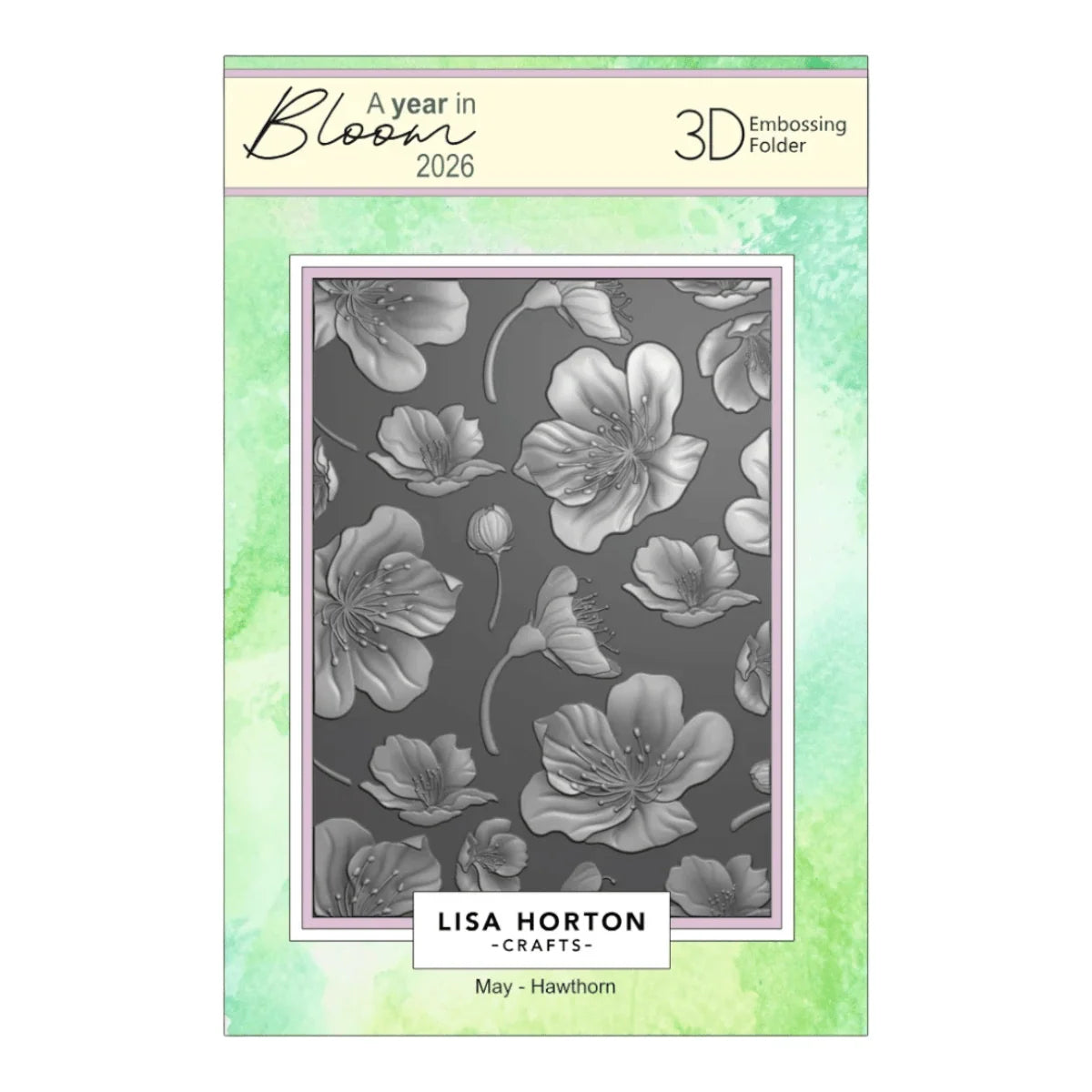 Bloss 2026 'A Year in Bloom' 3D Embossing Folder by Lisa Horton Crafts, featuring a gray floral pattern with hawthorn blossoms on the front cover.