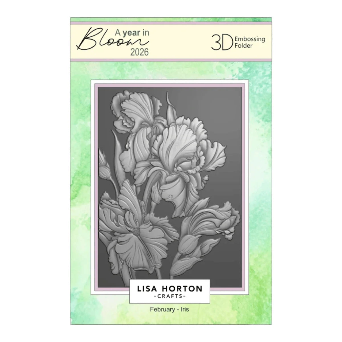 Lisa Horton 'Bloss' 2026 3D Embossing Folder featuring a grayscale iris flower design on a mint green watercolor background.