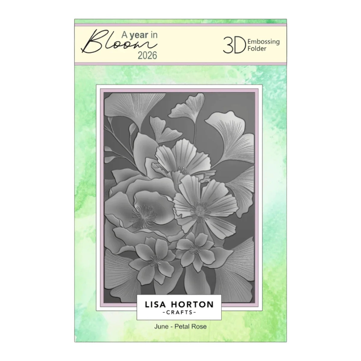 Lisa Horton Crafts 3D Embossing Folder from the 'A year in Bloom 2026' collection, featuring a floral rose design in grayscale on a mint green watercolor background.