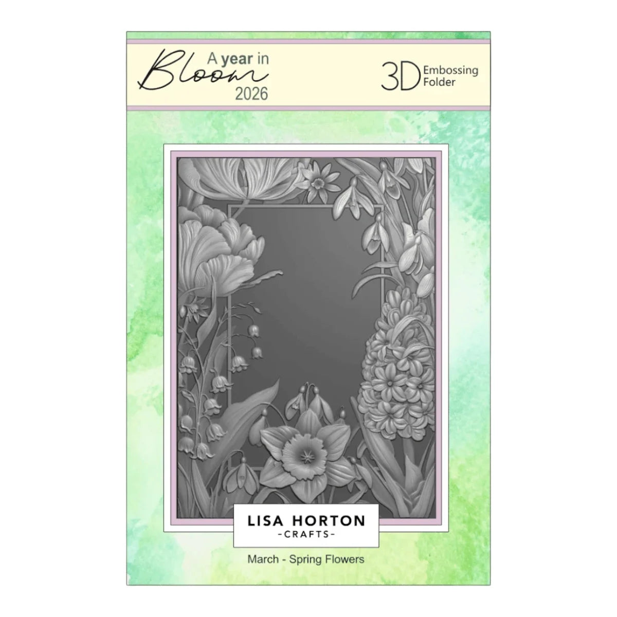 Lisa Horton Crafts 'A Year in Blossom 2026' 3D Embossing Folder, featuring a March - Spring Flowers design with black and white floral illustrations on a light green watercolor background.