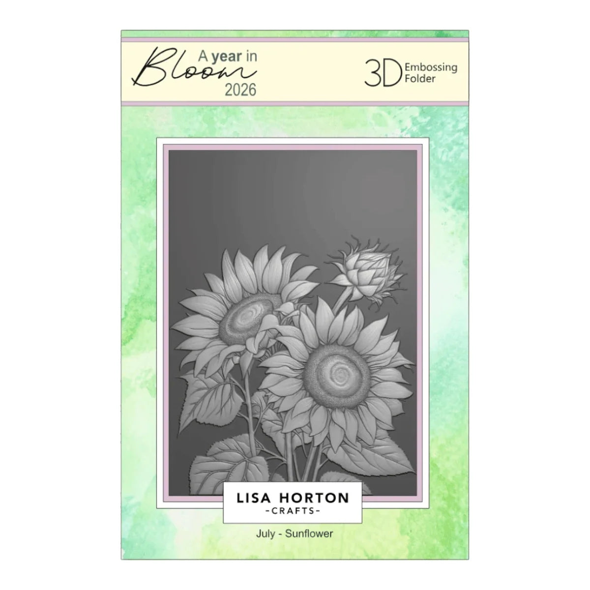 Lisa Horton Crafts 'A year in Bloom 2026' 3D Embossing Folder featuring a grayscale sunflower design on a mint green watercolor-textured background.