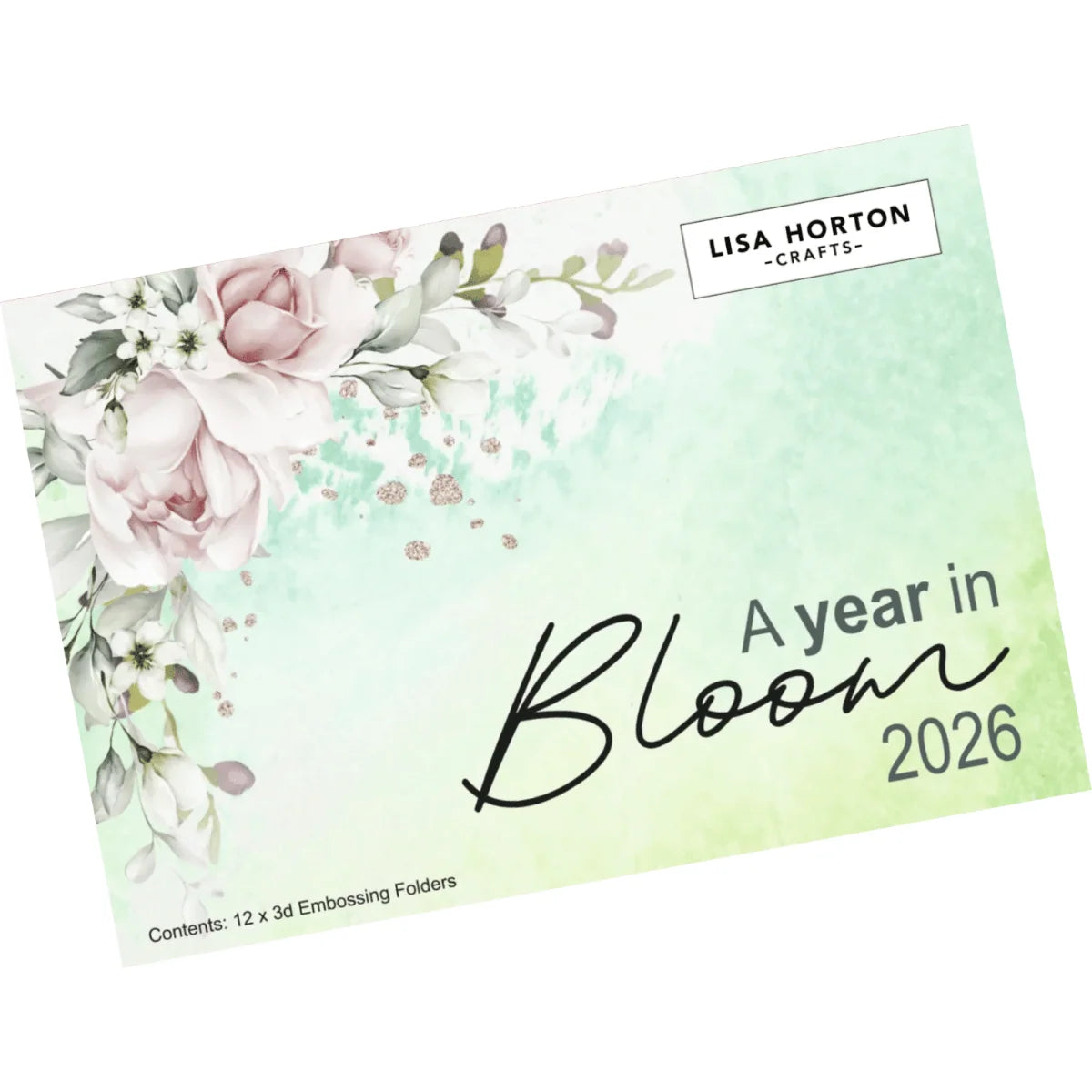 A year in Bloom 2026 embossing folders by Lisa Horton Crafts, featuring a watercolor floral design in soft pink, white, and green on a mint green background.