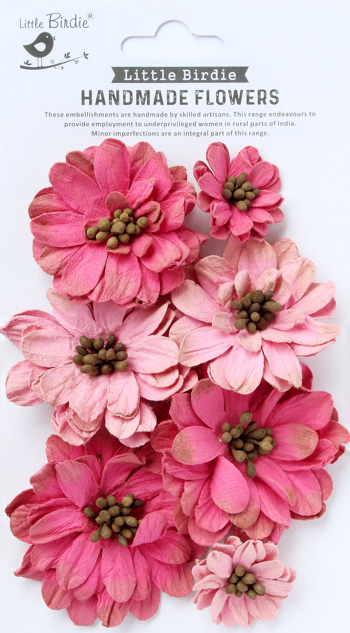 A sheet of Little Birdie Handmade Flowers featuring various pink and magenta paper blossoms with brown centers, displayed on a white background with product text.