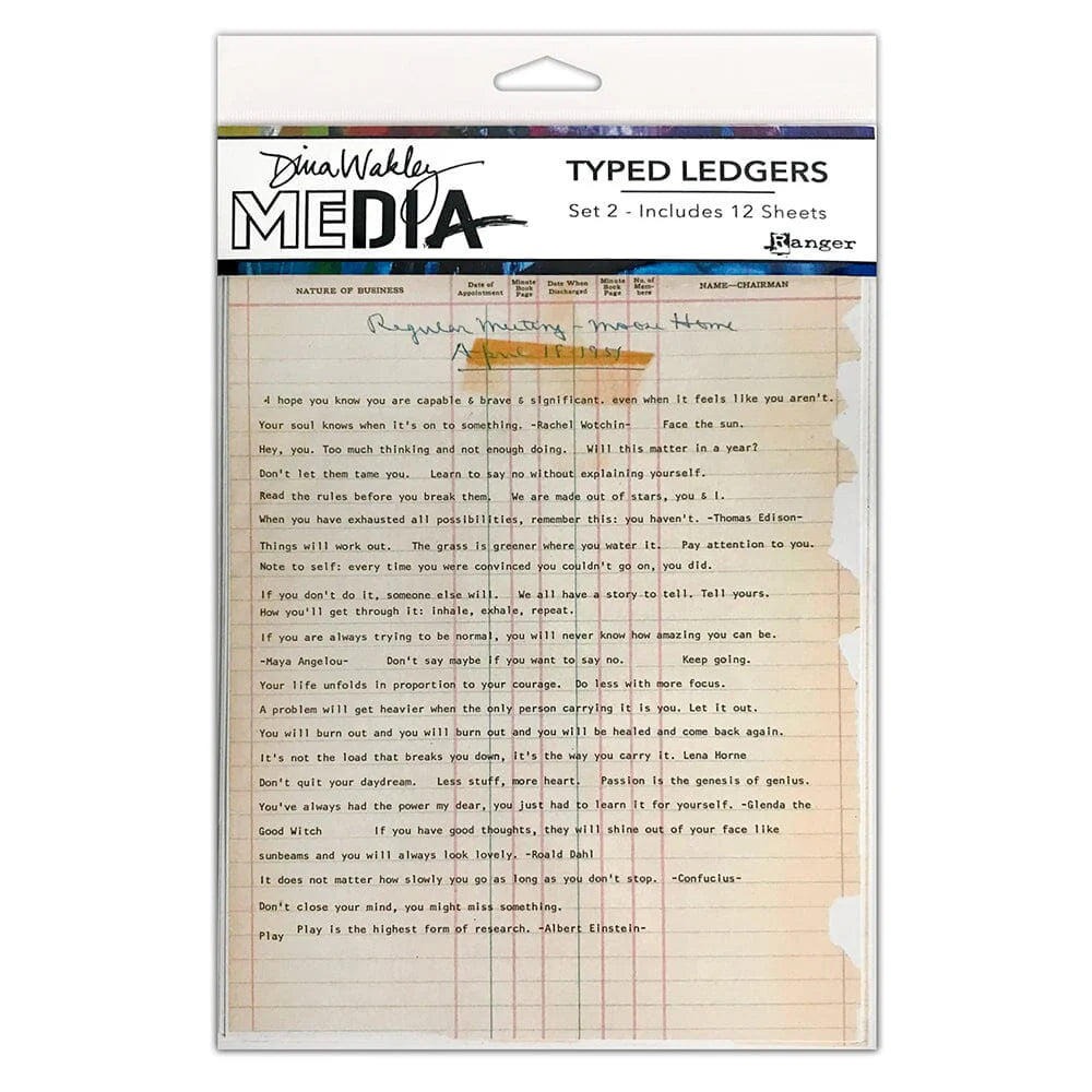 Dina Wakley Media Typed Ledgers packaging with a sample typed page on a white background