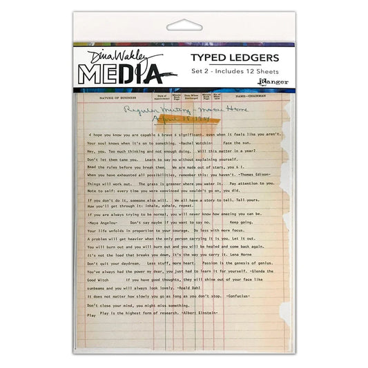 Dina Wakley Media Typed Ledgers packaging with a sample typed page on a white background