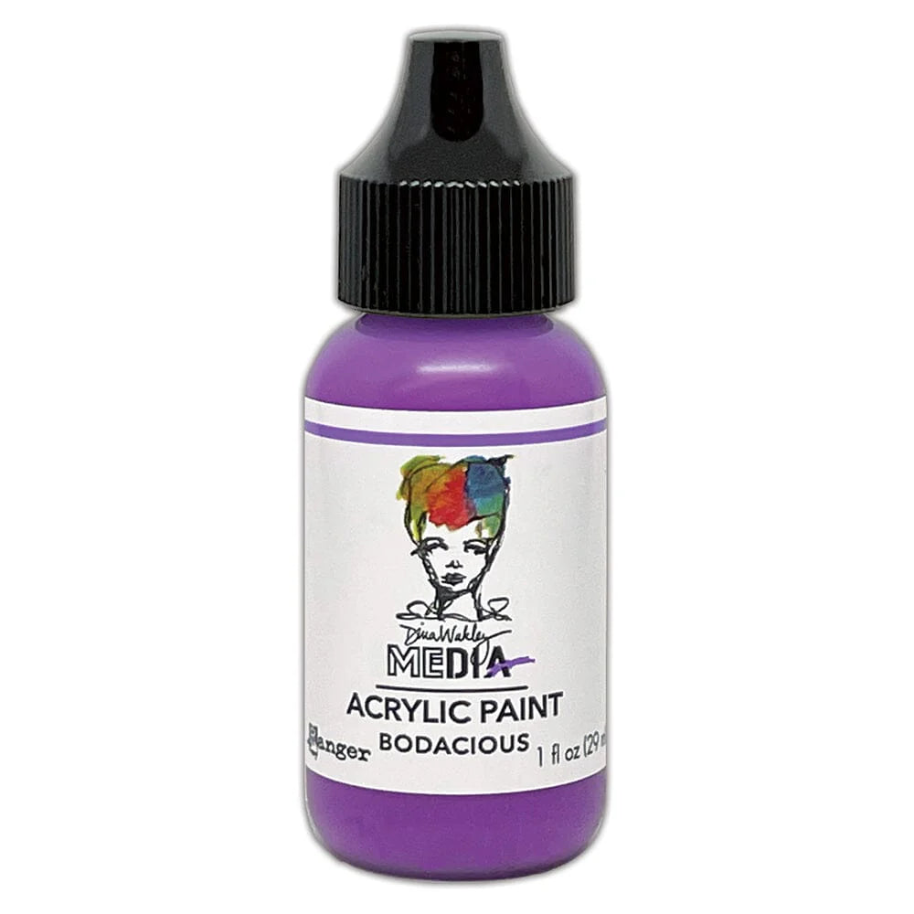 A bottle of Ranger Media Acrylic Paint in the shade Bodacious, featuring a purple bottle, white label, and black cap on a white background.