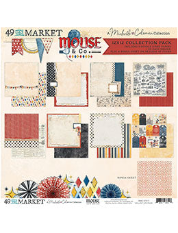 Mouse & Co. 49th Market Mobile Collection Pack scrapbooking paper sheet, featuring a collage of various patterned papers and decorative elements on a cream background.