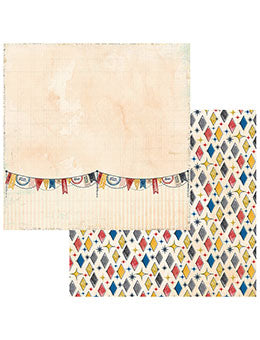 Two rectangular fabric napkins or placemats shown on a white background. The top napkin is light beige with a scalloped edge and a colorful bunting pattern.