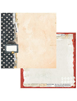 Three scrapbooking paper sheets with vintage designs, including a black and white polka dot sheet, a peach watercolor sheet, and a red and white distressed sheet.