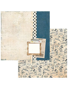 A set of vintage-style scrapbooking papers and embellishments, featuring a distressed cream linen texture, a solid navy blue sheet, a navy and white polka dot stripe, and a cream patterned sheet with illustrations of sailboats and nautical themes.