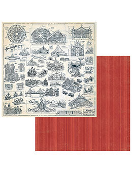 A sheet of double-sided scrapbooking paper shown from two angles: one side features a vintage-style blue ink illustration collage on cream paper, and the other side shows a textured red striped pattern.