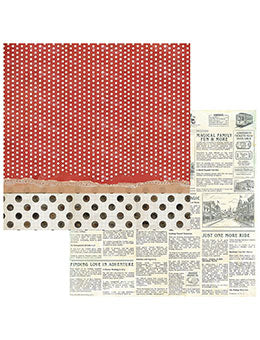A set of patterned scrapbooking paper sheets, featuring a red and white polka dot sheet, a beige and brown polka dot sheet, and a vintage newspaper print sheet.
