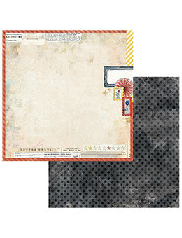Two scrapbooking paper sheets overlapping on a white background. The top sheet has a vintage cream background with a red border, postage stamp graphics, and small decorative elements.