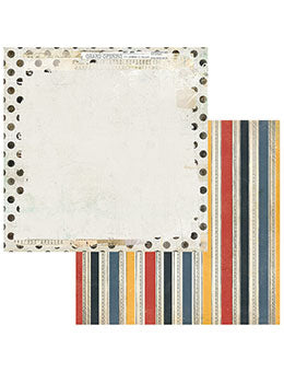 A sheet of scrapbook paper with a distressed cream center and a decorative border of black polka dots, shown alongside a matching striped paper layer with vertical bands of red, blue, yellow, and gold.