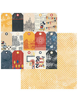 A set of decorative paper tags and a striped paper sheet featuring Disney-themed designs, including Mickey Mouse, castle silhouettes, bunting, and the words 'Best Day Ever' on a white background.