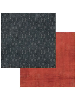 Two square fabric or material swatches overlapping on a white background: one dark charcoal gray with a subtle repeating diamond pattern, and one rust red with a textured finish.