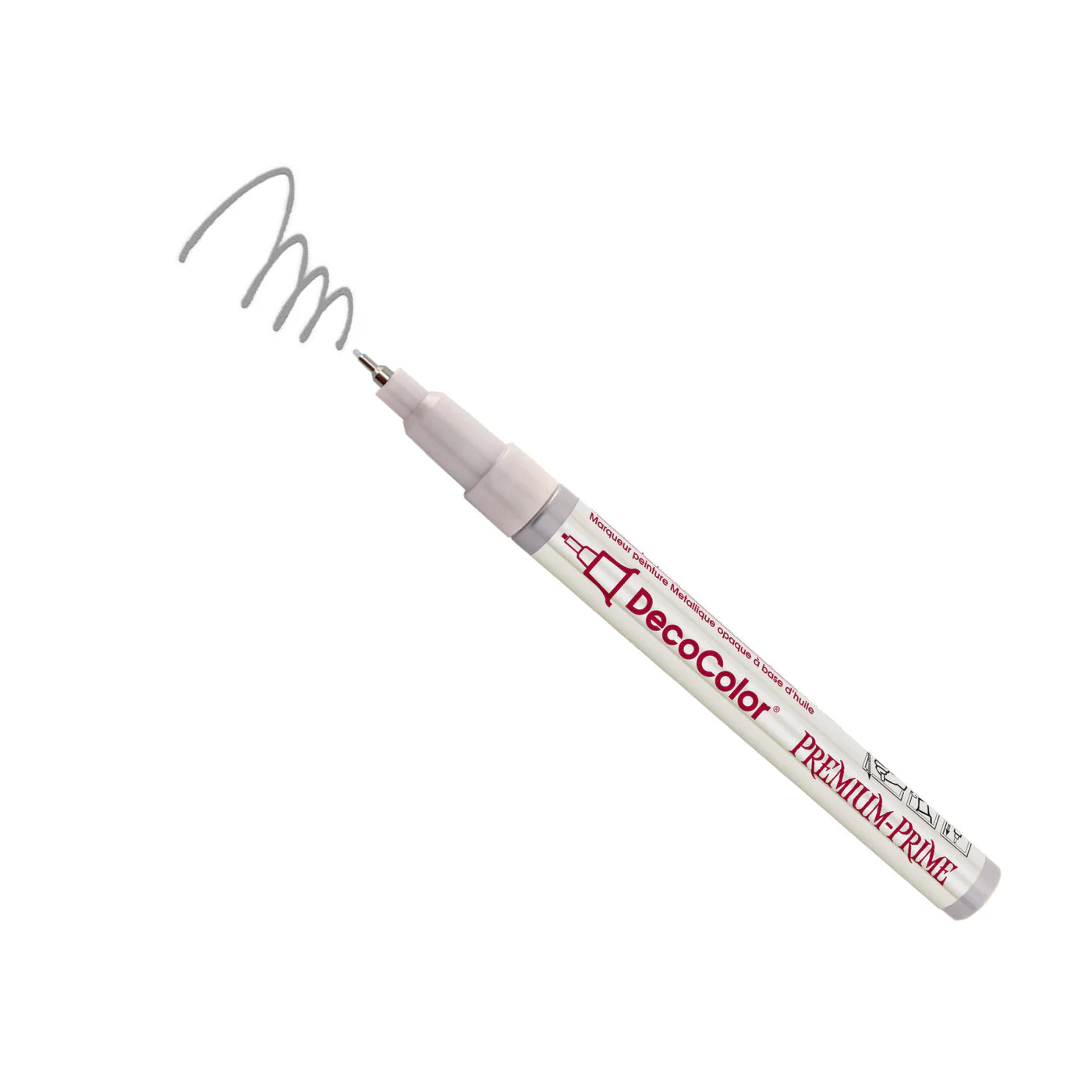 Deco fine point silver metallic pen on white background