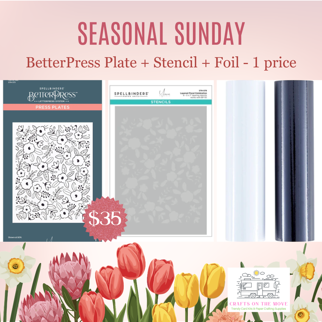 Spellbinders Floral Betterpress plate, coordinating stencil, and duo glimmer foil rolls