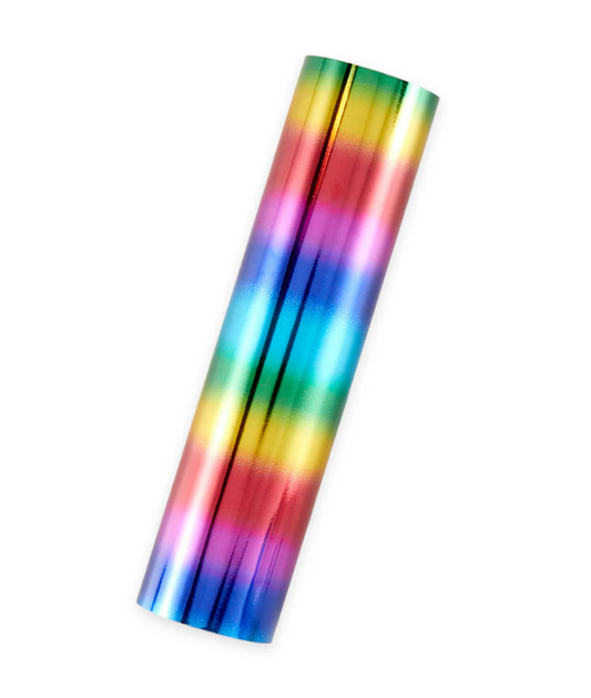 A single roll of rainbow striped colors glimmer hot foil with a metallic finish.