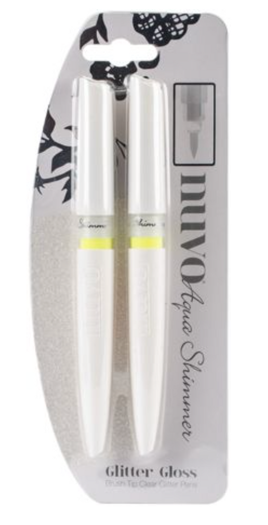 Two white shimmer pens with a yellow accent on a Nuvo packaging.