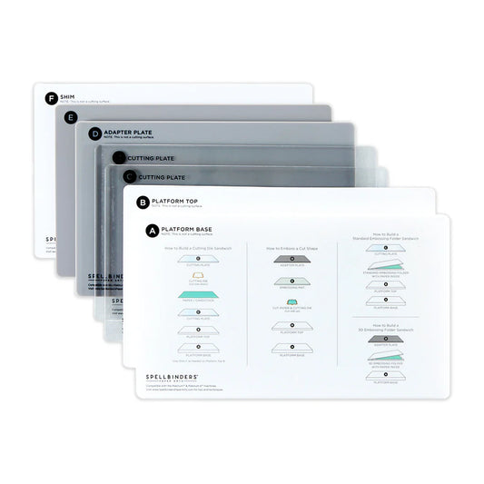 Set of spellbinders platform components with an assembly diagram on a white background