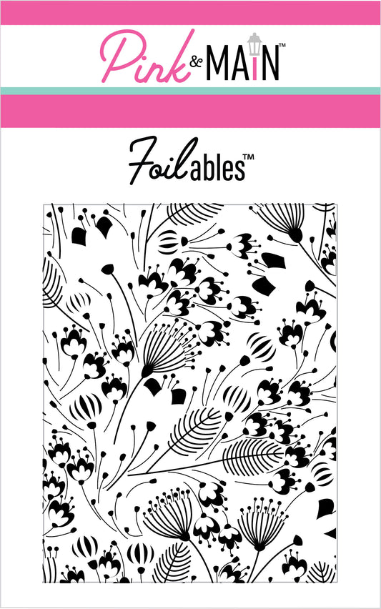 Foilable sheet with black floral pattern on a white background, branded 'Pink & Main'.